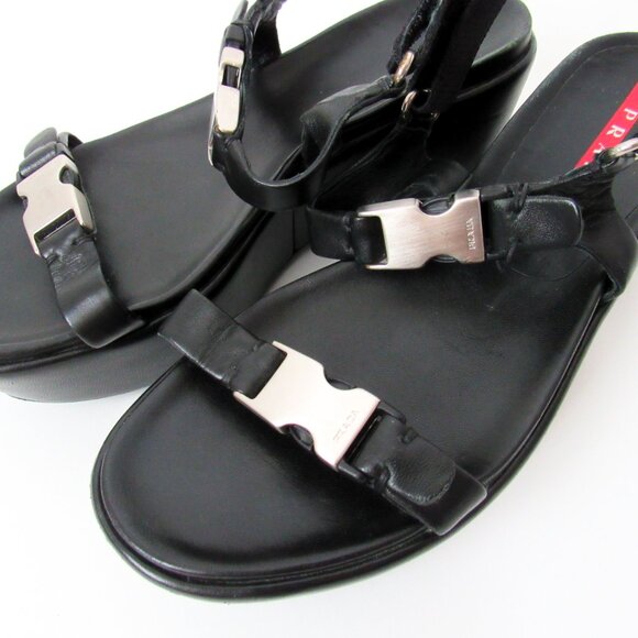 PRADA 90’s VINTAGE Black Sporty Open Toe Platform Sandals W/Metal Buckles Size-9 - Picture 5 of 14